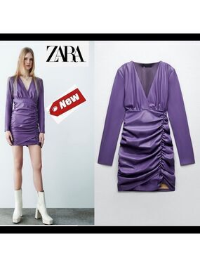 Zara purple faux leather long sleeve V-neck ruched mini dress Sz L NWT
